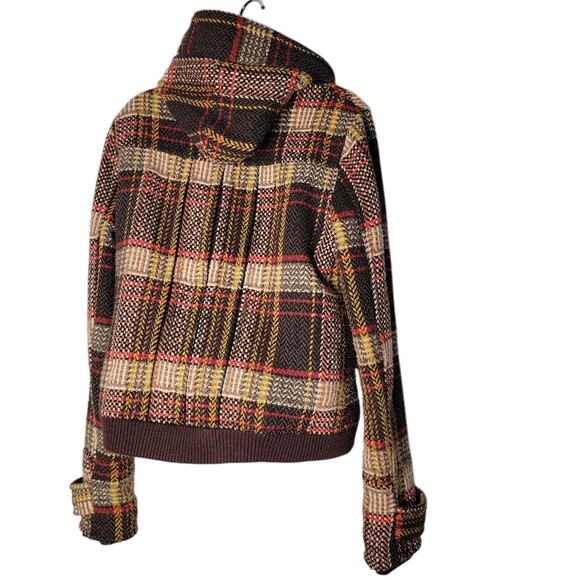 BKE Plaid Wool Toggle Coat Jacket M Hooded Brown Red Yellow Check Y2K Retro - Picture 2 of 7